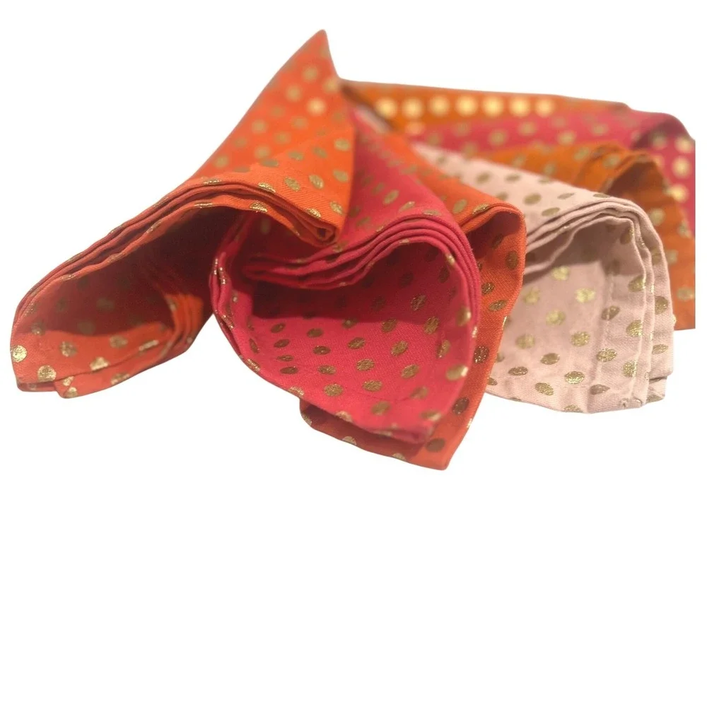 Napkin Set Multicolor Orange Pink Metallic Gold Polka Dot Summer Table Decor 7pc